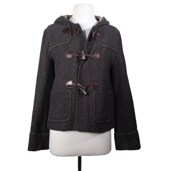 Cacharel Women’s Small Brown Tweed Duffle Coat Wool Elbow Patch Hooded Jacket - Picture 1 of 6